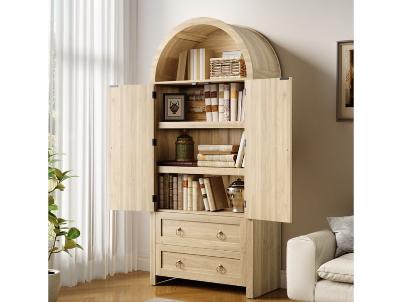  Buffet et enfilade avec 2 portes en rotin, 2 tiroirs, étagères réglables et crochets pour salon en mdf chêne clair  - Conforama E
