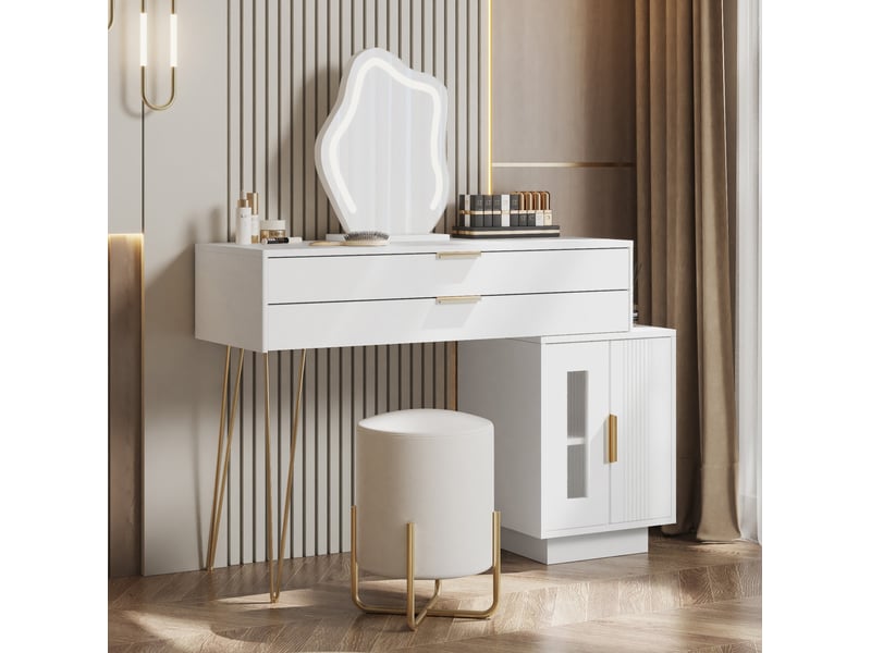  Coiffeuse tcqpz avec miroir led 100 x 40 x 78 cm 2 tiroirs meuble latéral coulissant blanc  - Conforama E