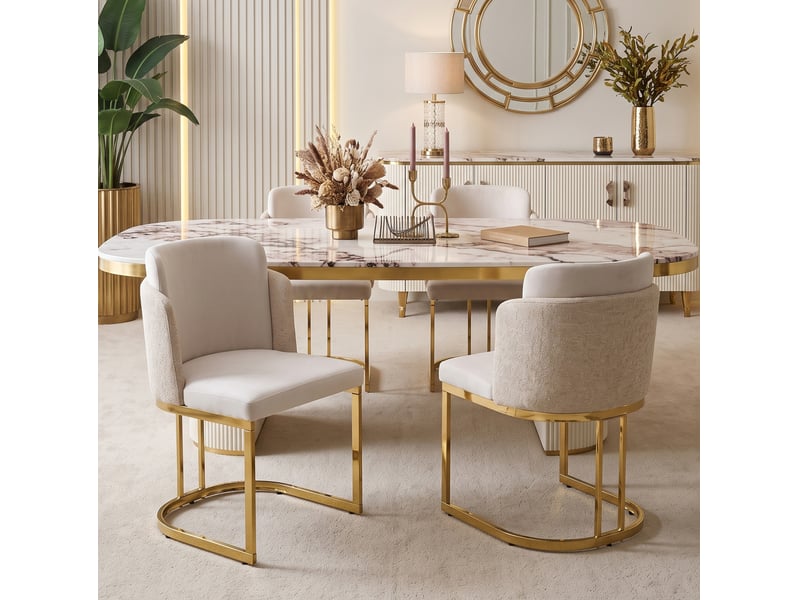  Lot de 2 chaises de salle à manger avec accoudoirs et dossier double en tissu chenille beige et métal doré  - Conforama D