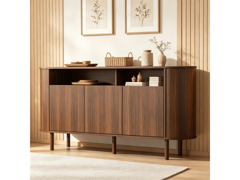 Buffet moderne aspect noyer avec portes et rangements ouverts, dimensions 160 × 40 × 78,5 cm, meuble de rangement pratique pour salon et séjour - Conforama C