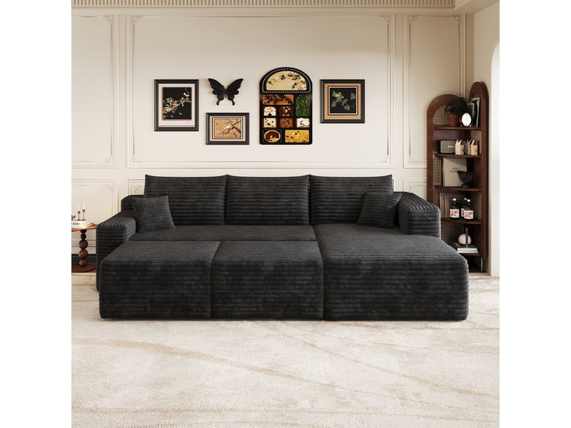 Canapé d’angle noir 5 places en velours côtelé, canapé avec méridienne, assise profonde, 241 cm, salon moderne - Conforama W