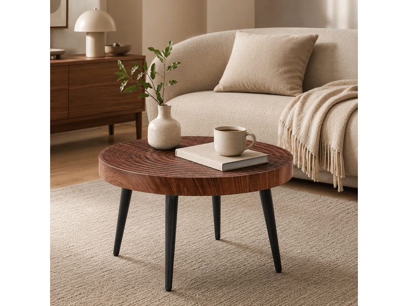 Table basse ronde avec plateau de 5 cm et pieds métalliques à patins réglables pour salon en mdf noyer 60 × 60 × 37 cm - Conforama B