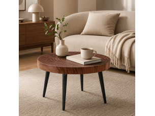 Table basse ronde avec plateau de 5 cm et pieds métalliques à patins réglables pour salon en mdf noyer 60 × 60 × 37 cm