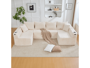 Canapé panoramique en u modulable avec porte-gobelets, poches et coussins en velours côtelé beige, 320 × 155 × 88 cm