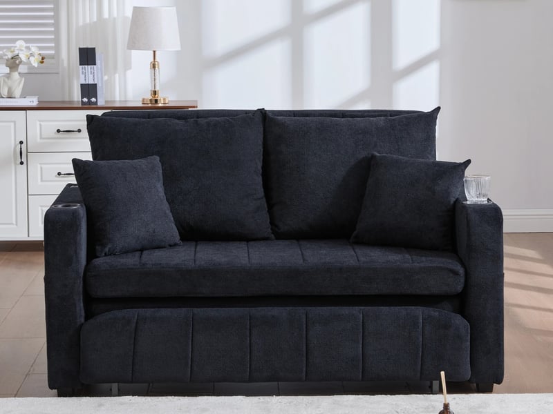  Canapé droit convertible ,2 places ,avec supports de rangement et bras,139 x 73 x 83 cm,noir  - Conforama B