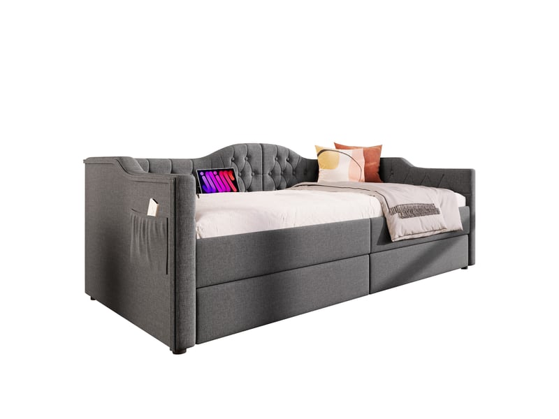  Lit banquette 90x200 cm gris lin, usb type-c, 2 tiroirs, sans matelas  - Conforama E