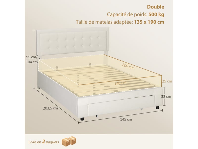  Cadre de lit double sommier coffre à vérins, tiroir à roulettes, tête de lit réglable capitonnée effet velours, crème  - Conforama E