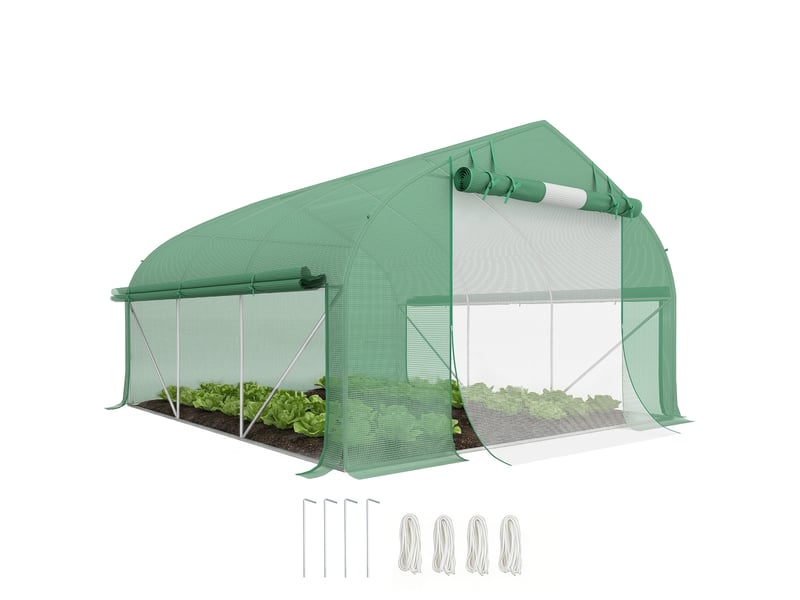  Serre de jardin tunnel 10,4 m² serre de jardin anti-uv porte zippée enroulable fenêtres maille 350 x 300 x 200 cm vert  - Conforama A