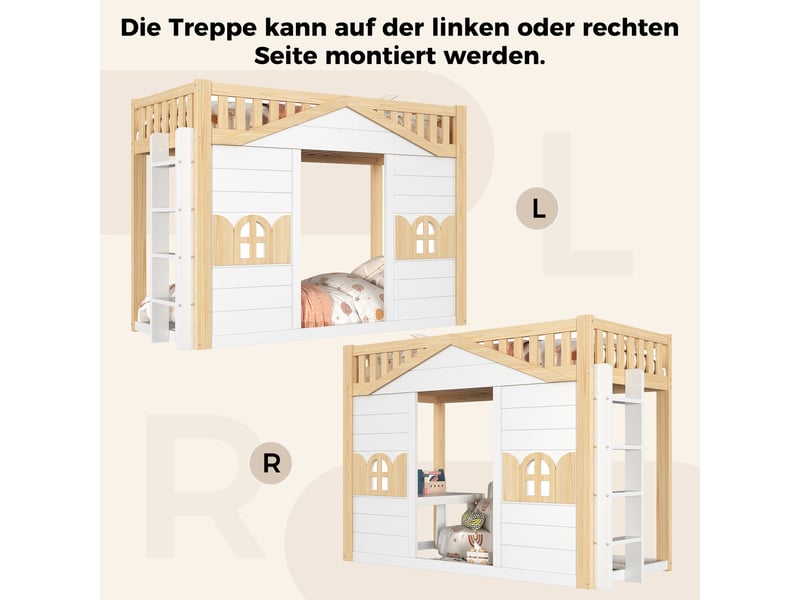  Lit mezzanine pour enfants en bois massif forme maison de 90 × 200 cm, avec fenêtres ; l’espace inférieur peut servir de lit ou de zone de jeu, blanc et ton bois naturel  - Conforama R