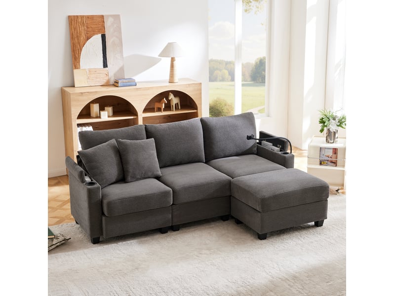  Canapé d'angle modenvie convertible 3 à 4 places avec pouf mobile usb gris foncé 213,5 x 139 cm  - Conforama B