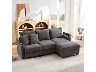 Canapé d'angle réversible fixe MODENVIE 4 places Velours côtelé gris avec coffre de rangement
