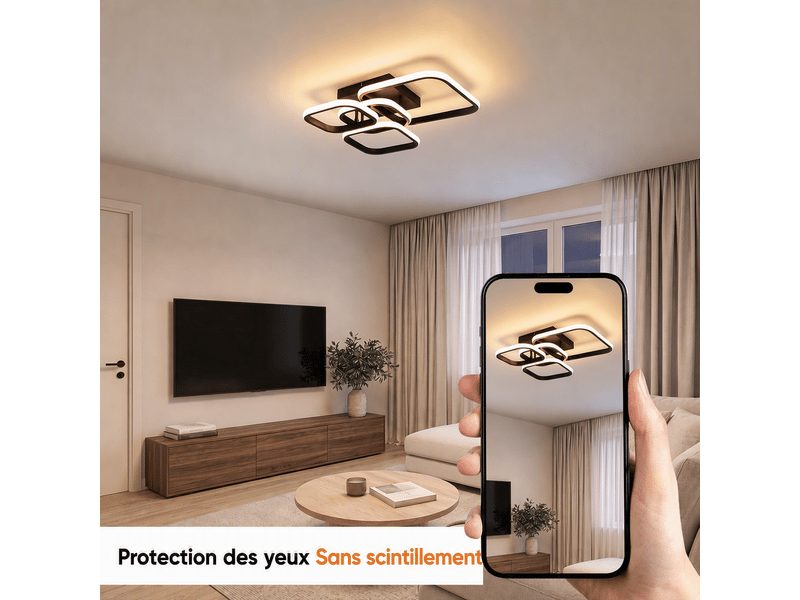 Plafonnier led moderne 4 carrés, l46 x l41 x h10 cm, lampe de plafond 35 w 3033 lm, noir sable, 3 cct mémoire, salon, chambre, cuisine - Conforama D