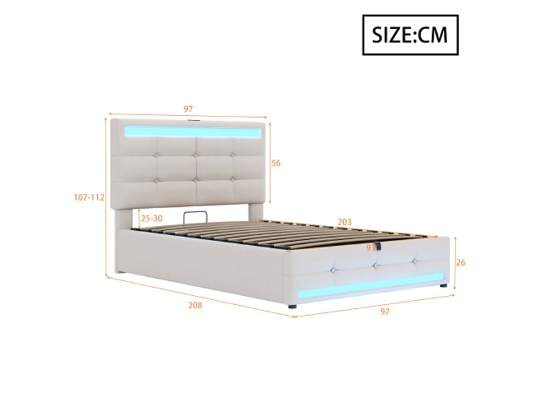  Lit coffre 90x200 cm, lit enfant avec éclairage led et prise usb, tissu en lin, beige, sans matelas  - Conforama D