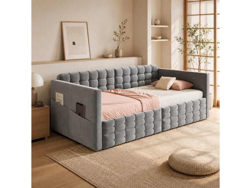  Lit simple 90x190 cm avec 2 tiroirs et poches latérales en velours gris  - Conforama D