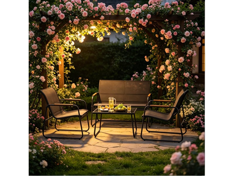  Salon de jardin 4 pièces noir avec table en verre trempé  - Conforama C