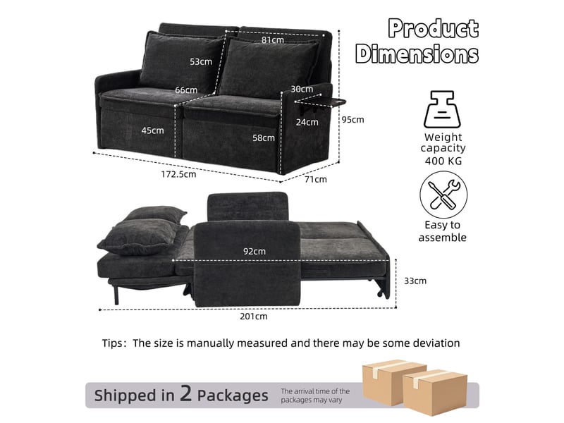 Canapé droit 2 places 172,5x71x95 cm avec usbtype-c noir - Conforama C