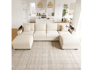 Canapé modulable convertible en u 5 à 6 places en velours côtelé beige avec pouf