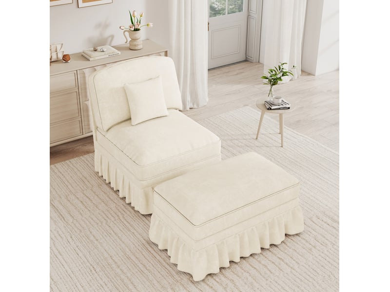  Fauteuil lounge modenvie en chenille blanc avec repose-pieds mobile et housse à volants  - Conforama E