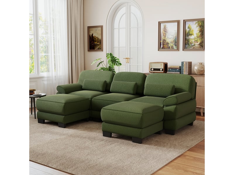  Canapé d’angle 3 places en u, design à cadre, 2 poufs, tissu cord doux, assise profonde, coussins épais, salon, vert  - Conforama B