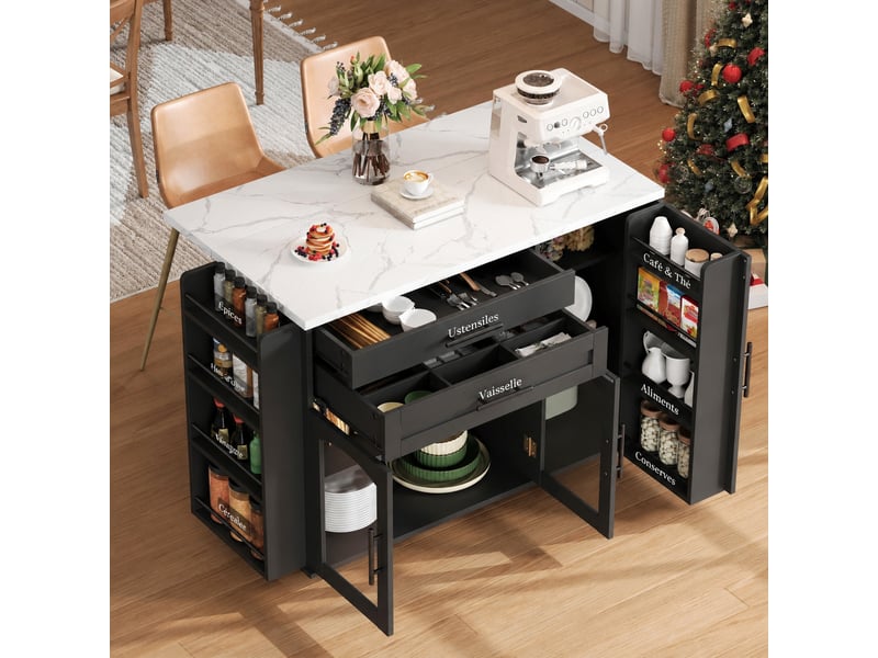 Îlot de cuisine mobile avec plan de travail rabattable, rangement et 5 roulettes, noir et bois naturel - Conforama C