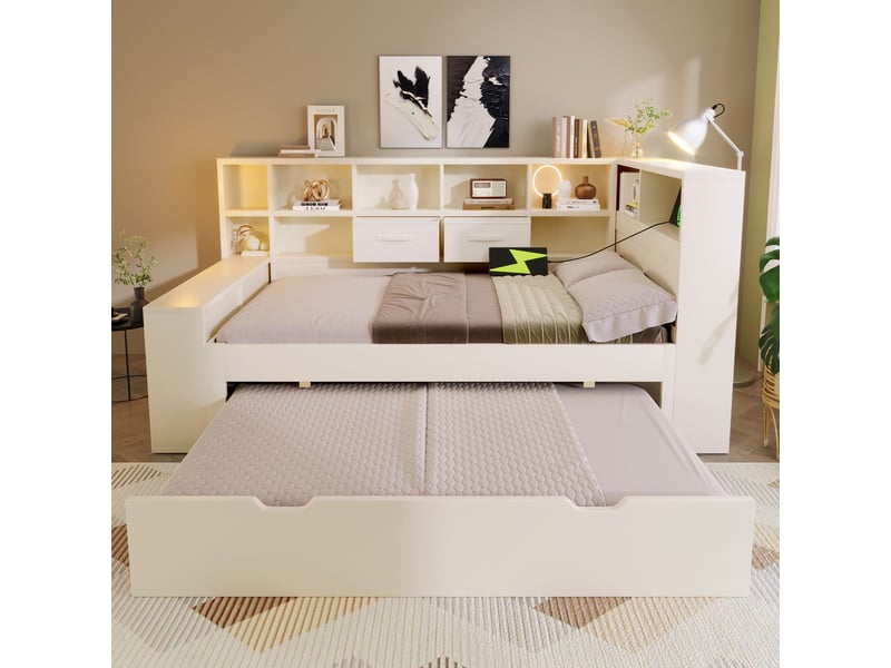  Lit gigogne jeune 90x190 cm, avec rangements et ports usb et type-c, structure en bois, couleur blanc, sans matelas  - Conforama D
