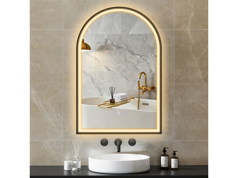 Miroir de salle de bain avec éclairage intégré 60 x 90 cm, miroir mural arqué, 3 couleurs d'éclairage, luminosité réglable, fonction antibuée, noir - Conforama D