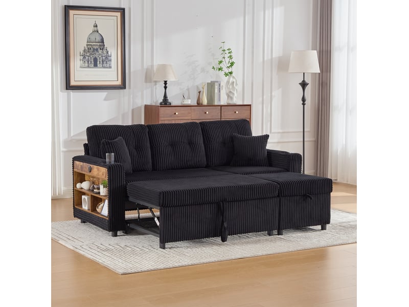  Canapé 3 places rangement 196x82–144x85 cm port usb‑c intégré éclairage à led coussins confortables velours côtelé noir  - Conforama D