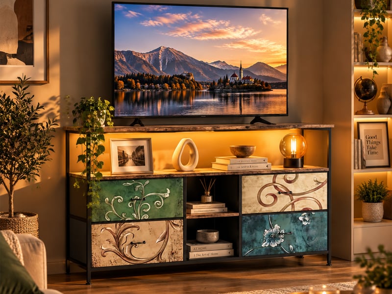  Meuble tv 108 cm avec lumières led, banc tv support télé console tv avec avec 4 tiroirs et 3 étagères de rangement, multicolore  - Conforama B