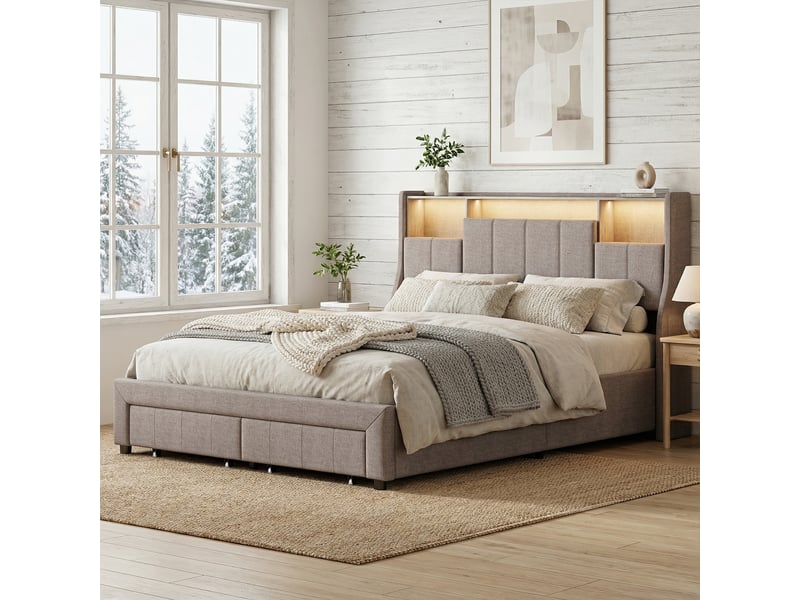  Lit 160x200 avec 2 tiroirs, lit double capitonné avec éclairage led, lit adulte avec 2 prises et 2 usb, tête de lit avec rangement et poches latérales, tissue lin, style scandinave(160x200cm, gris)  - Conforama D