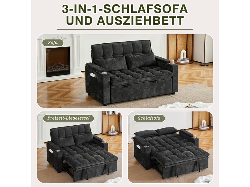 Canapé convertible 3 en 1 142 cm - canapé-lit avec fonction détente, coussins effet nuage, rangement intégré, porte-gobelets et coussins lombaires - chenille noir - Conforama E