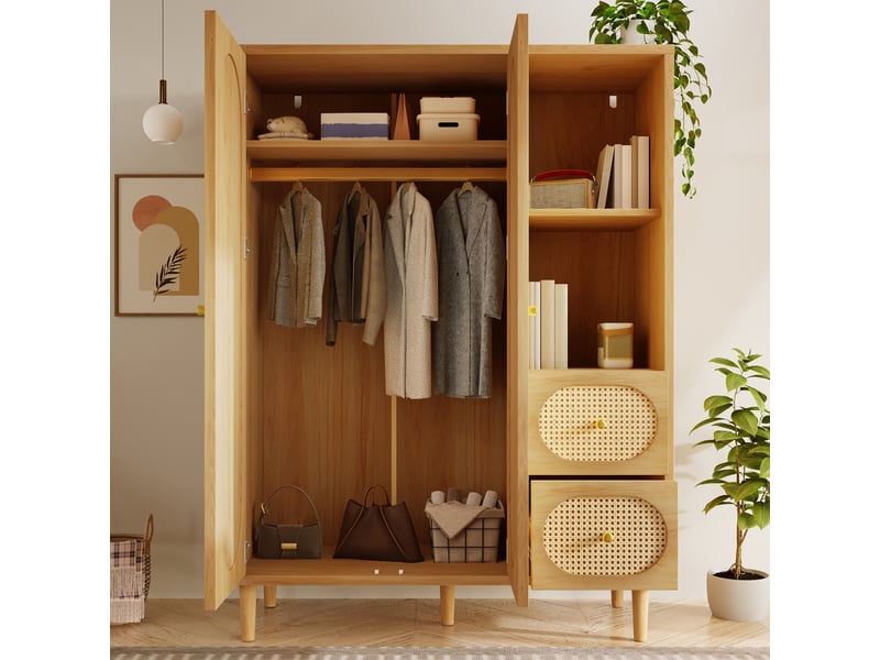 Armoire 120x48x161 cm avec penderie et portes en cannage rotin, dressing avec 2 tiroirs et étagères, style bohème - aspect chêne - Conforama D