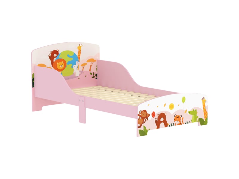  Lit enfant 70x140 cm motif animal 140 x 70 cm avec sommier à lattes en bois design sécurisé bas rose  - Conforama B