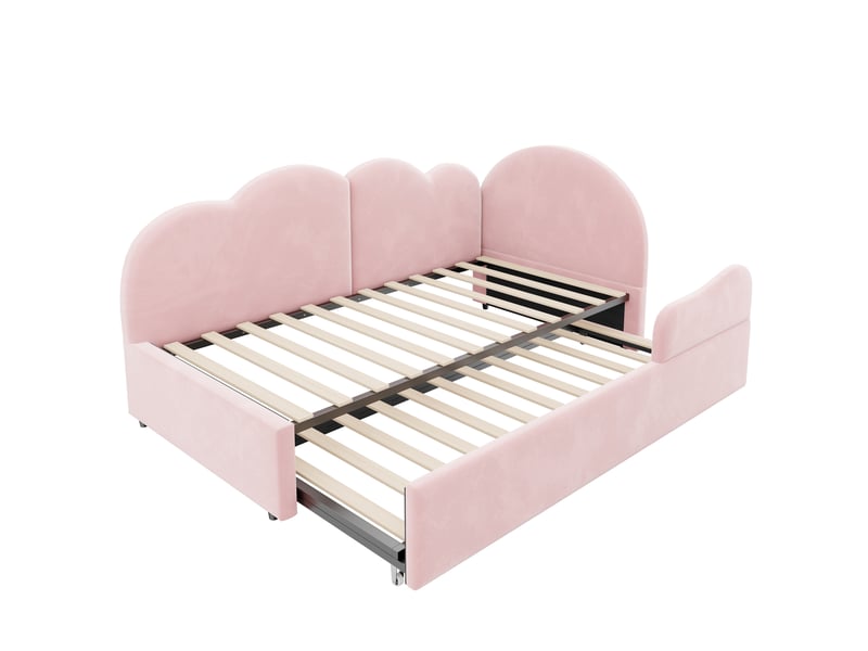 Lit canapé gigogne en l velours rose 90x200 + 90x190 cm, tête de lit nuage - Conforama D