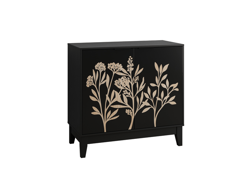  Buffet 80 cm sculpté noir, 2 portes, étagères réglables, mdf, design contemporain  - Conforama A