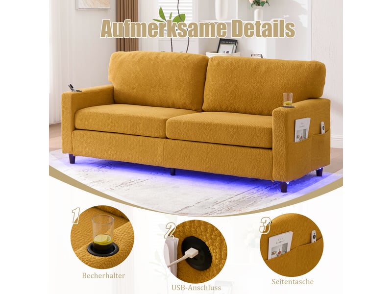 Canapé 2 places en chenille moutarde avec usb-c et led d'ambiance, structure bois et métal - Conforama E