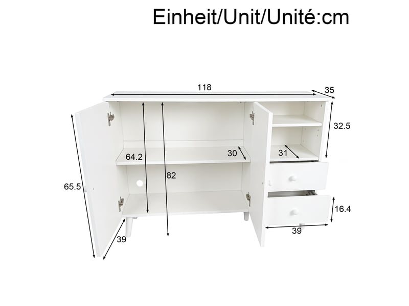 Buffet bas 118x35x82 cm, bahut meuble de rangement salon et entrée, 2 portes galbées, 2 tiroirs, 2 niches, pieds en bois - blanc - Conforama C