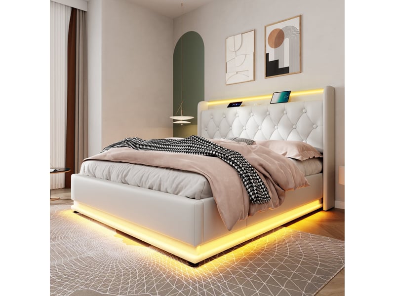 Lit double coffre hydraulique 180x200 cm led 360° polyuréthane (pu) blanc sans matelas - Conforama A