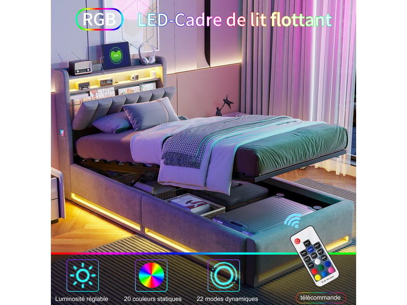  Lit rembourré 90 x 200 cm avec rangement, lit double avec éclairage led et port usb, lit hydraulique avec tête de lit et sommier à lattes, lit pour adolescent, velours, gris 250616WXL0601#ADnd2HWXHTDELLM - Conforama D
