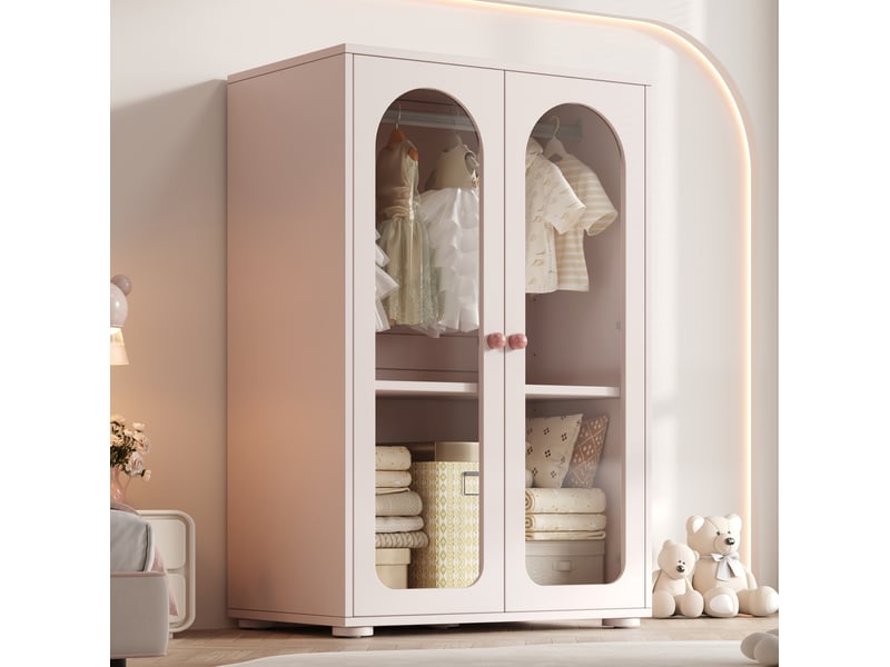  Armoire 2 portes 80x50x120 cm portes transparentes laquées mdf rose bébé  - Conforama C