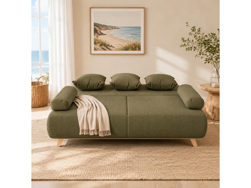  Canapé convertible 3 places avec rangement et dossier réglable  - coussins, velours côtelé bois - vert foncé  - Conforama B