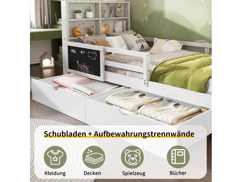  Lit simple 90x200 cm, lit jeune, avec 2 tiroirs, 4 niches ouvertes, barrière, tableau, mdf et bois, blanc, sans matelas  - Conforama E