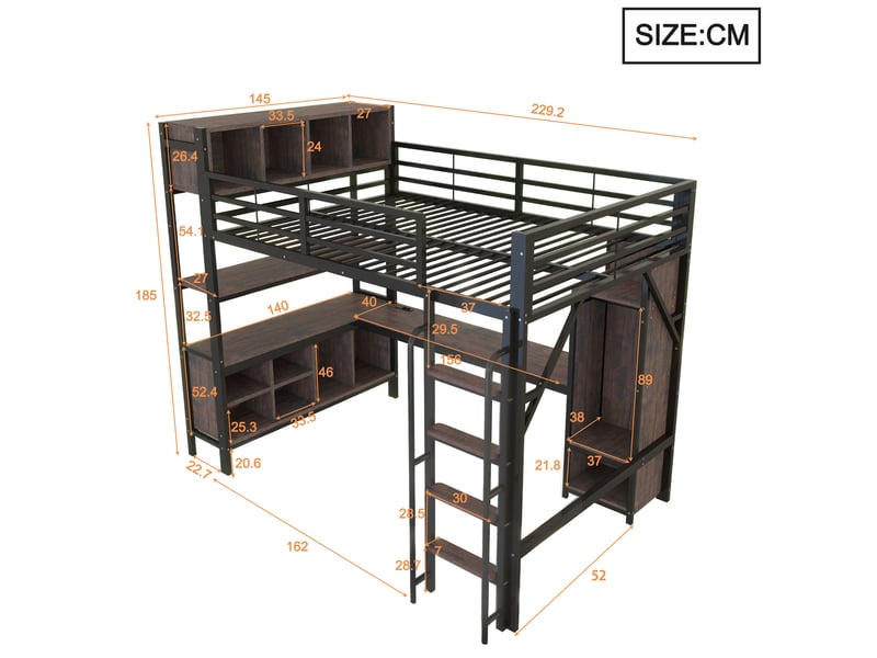  Lit mezzanine gaming 140x200 cm avec bureau intégré,armoire,étagères,led,prises européennes,barrière de sécurité haute,noir  - Conforama E