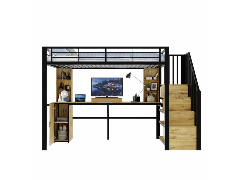  Lit mezzanine 90x200 cm noir avec bureau, rangement et usb, pour un espace de travail organisé, sans matelas  - Conforama A