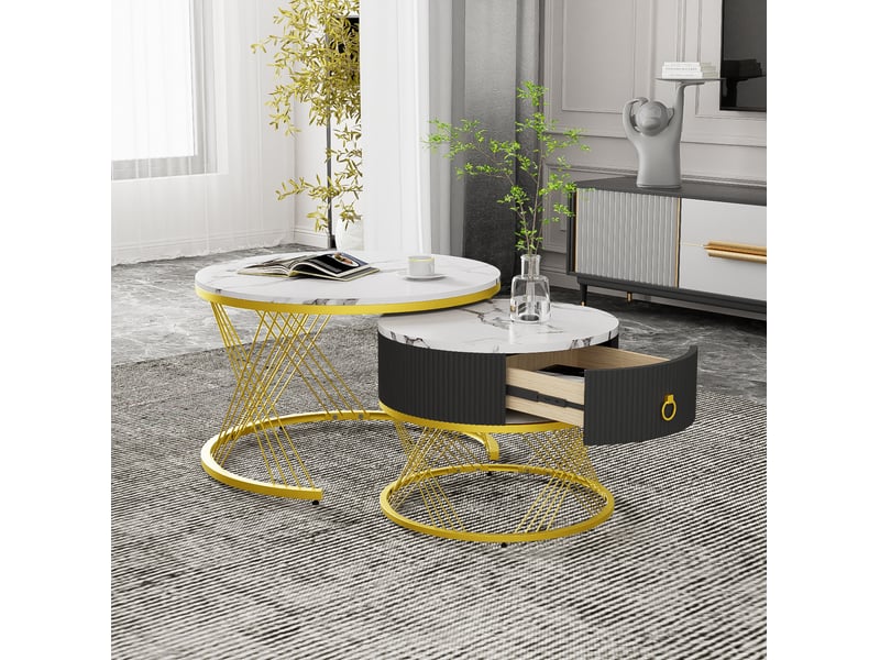  Lot de 2 tables basses gigognes blanches et dorées effet marbre avec tiroir – 70 et 50 cm  - Conforama C