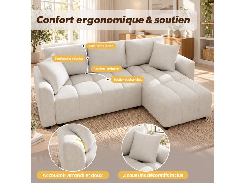  Canapé d’angle modulable, 3 places, avec 2 coussins et coffre de rangement beige en chenille  - Conforama D