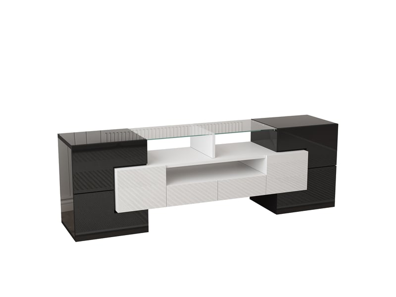  Meuble tv blanc brillant et béton 145 cm avec éclairage led multicolore et surface en verre  - Conforama W