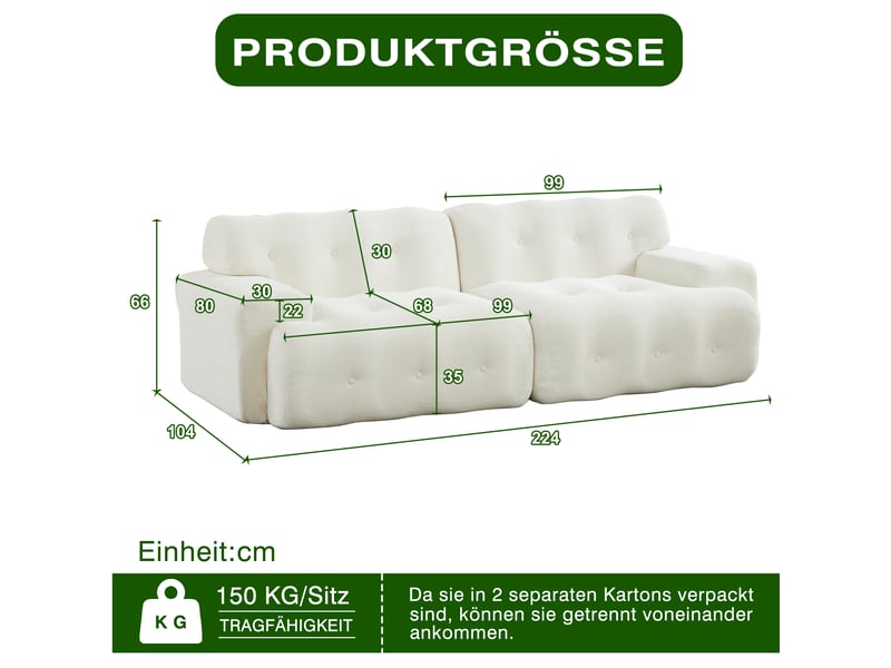 Canapé effet nuage modulable 2 places 224x104x66 cm, assise profonde 68 cm, larges accoudoirs, sans montage, base antidérapante, chenille beige - Conforama D