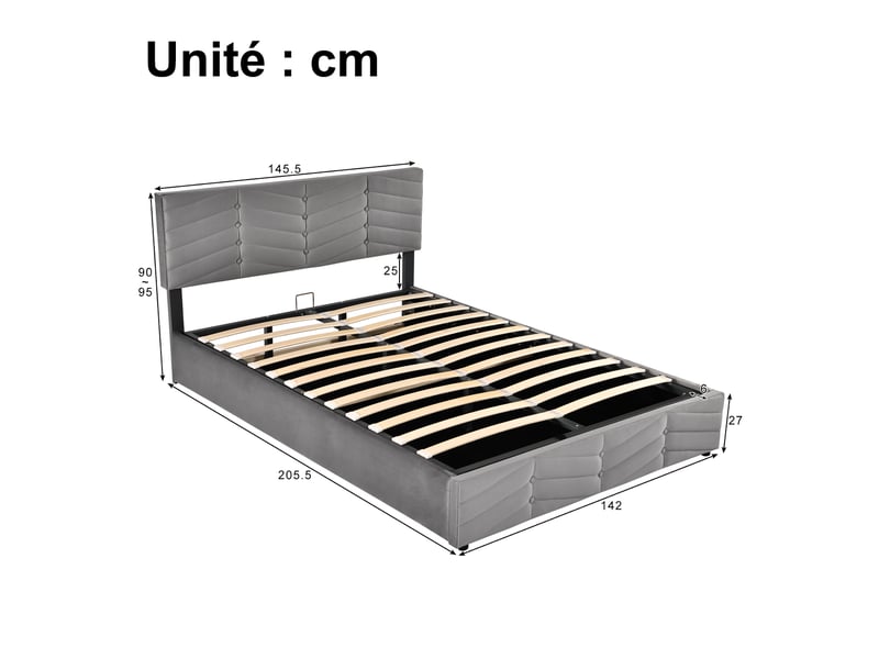 Lit coffre 140x200 - lit double rembourré avec sommier à lattes - velours - sans matelas - gris - Conforama C