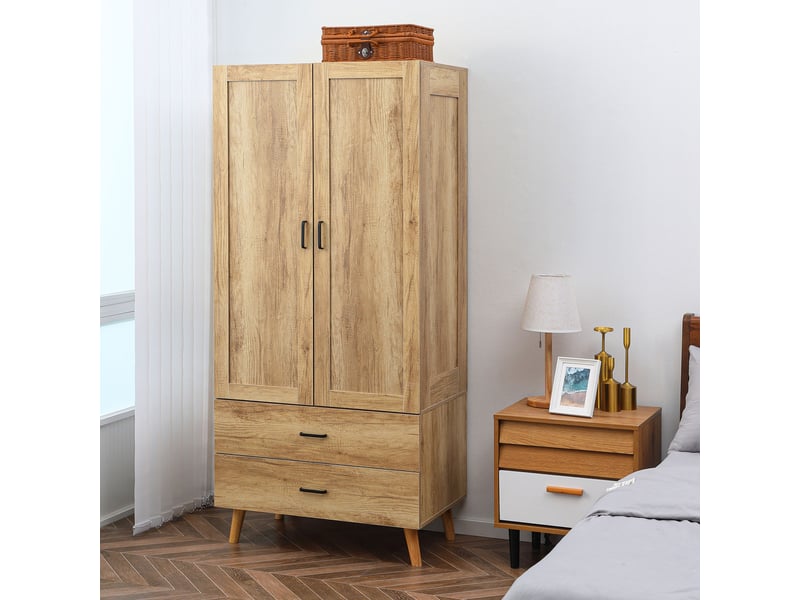  Armoire 2 portes avec 2 tiroirs et penderie, 80 x 54 x 180 cm, en bois  - Conforama B