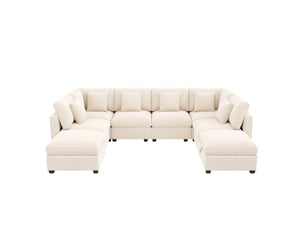 Canapé d'angle xxl modulable 8 places , 292 x 220 x 81 cm avec fonction lit intégrée, 2 poufs de rangement , 6 coussins , tissu chenille – beige